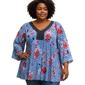 Woman Within 26/28 Embellished Blue Red Lightweight Flowy Pleat Blouse Women
